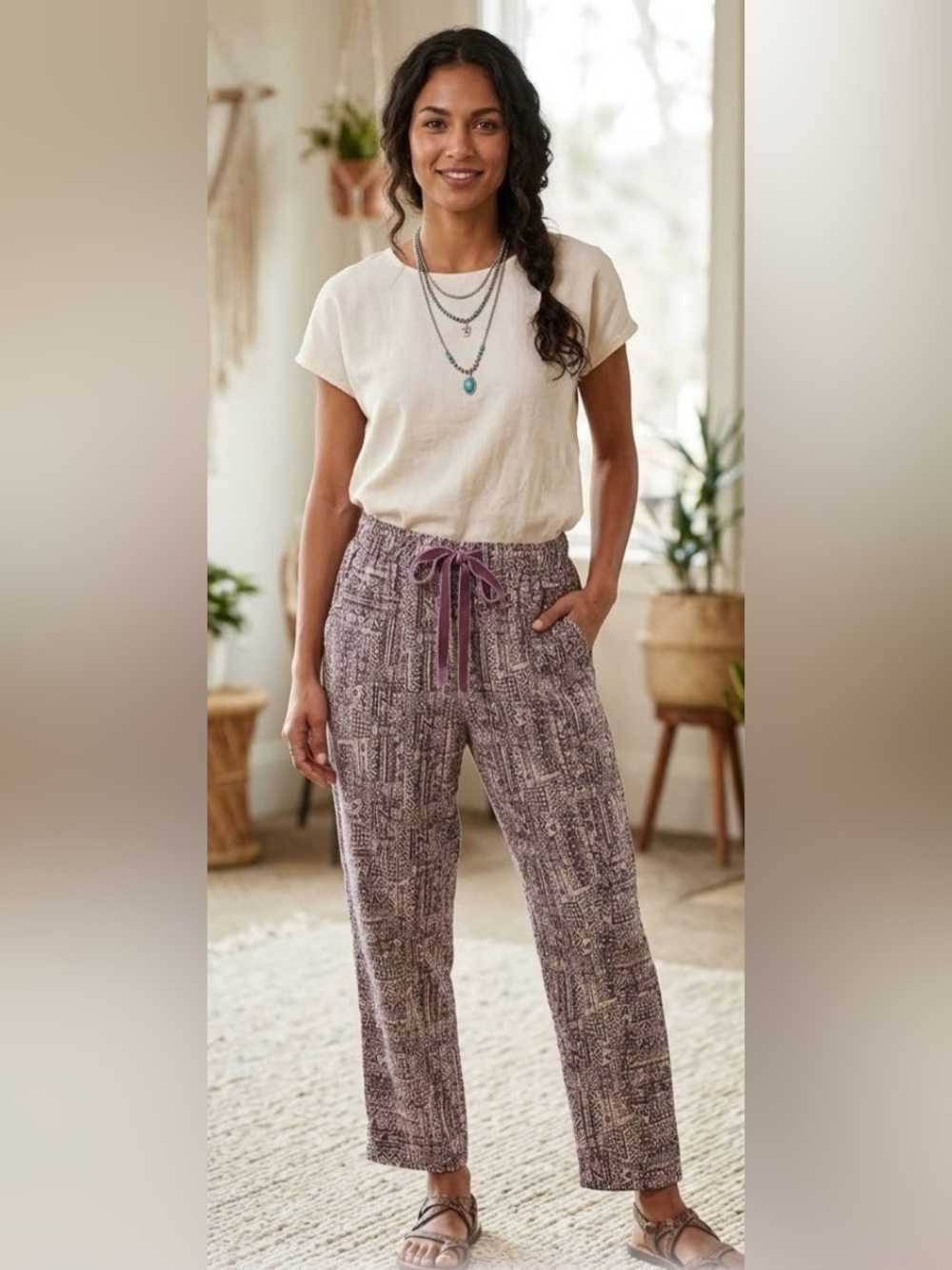 Easel Los Angeles Printed Drawstring Ankle Pants in Cream & Mauve Size Small